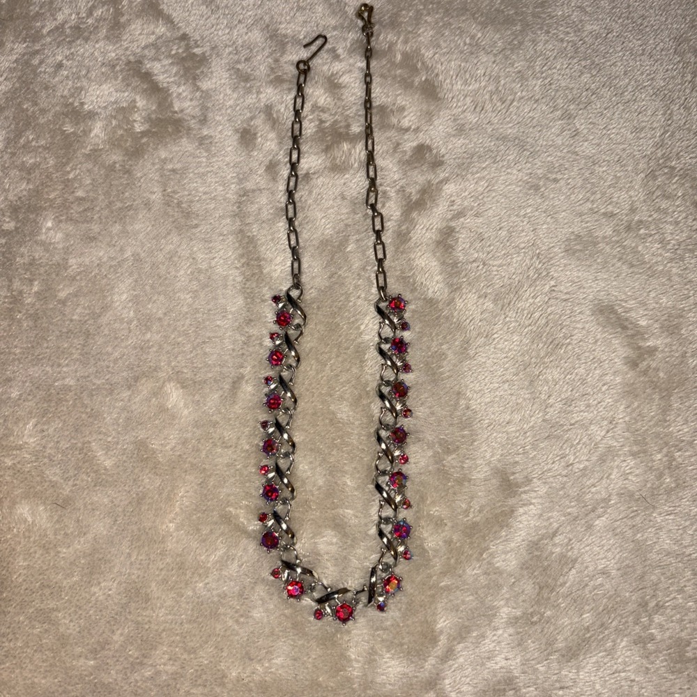 Vintage 1950s Merlite Iridescent Pink/Red Rhinestone Necklace